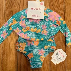 Roxy Teal Floral Long-Sleeve Rashguard One-Piece Swimsuit with Hat